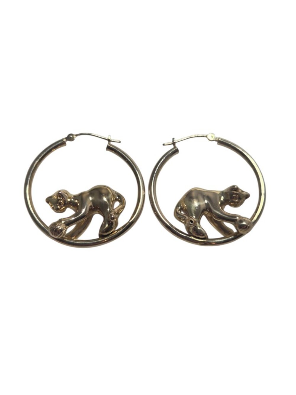 14K Yellow Gold Playful Cat Hoop Earrings #25077